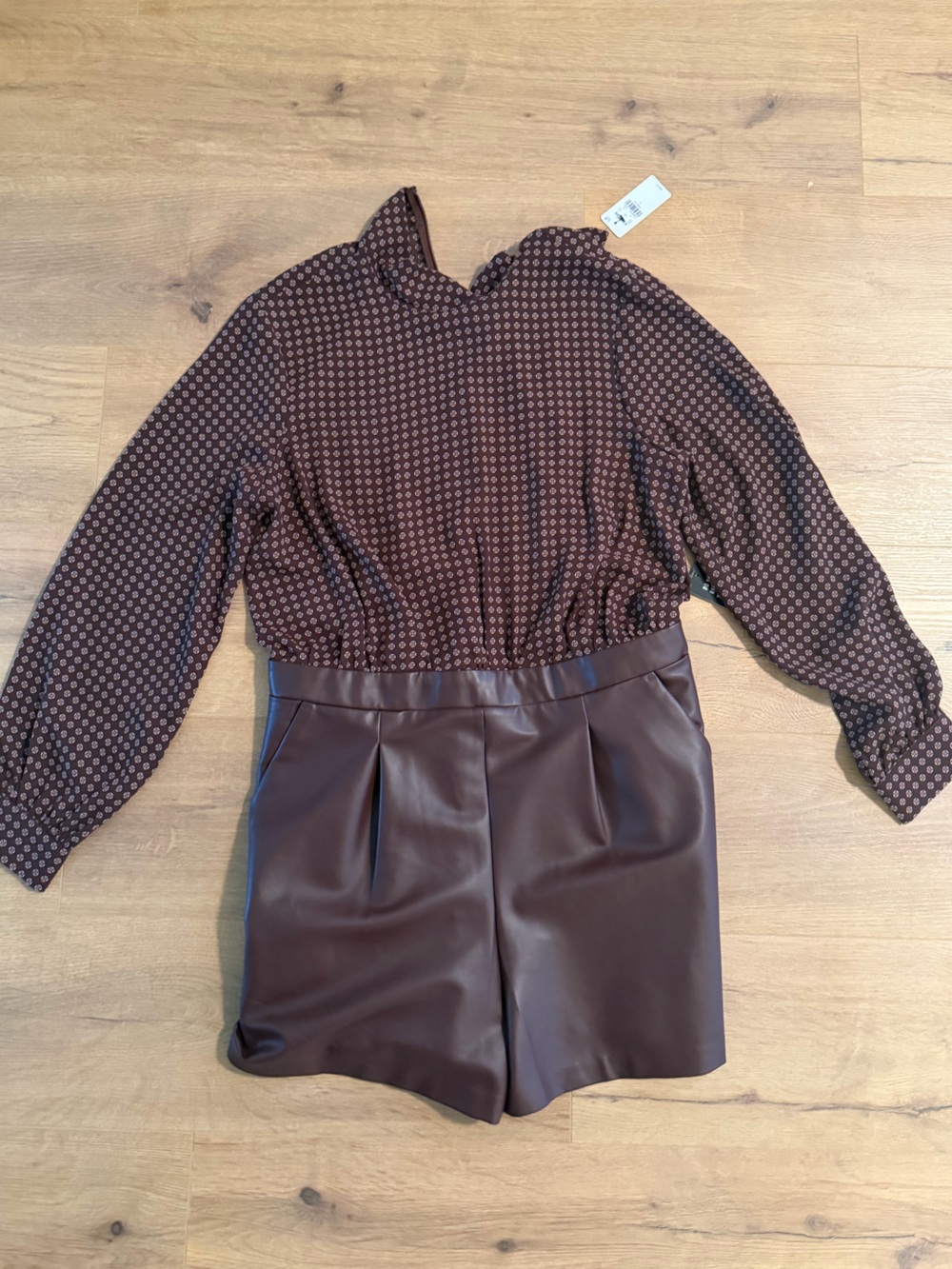 Express Brown Printed Long-Sleeve Faux-Leather Romper